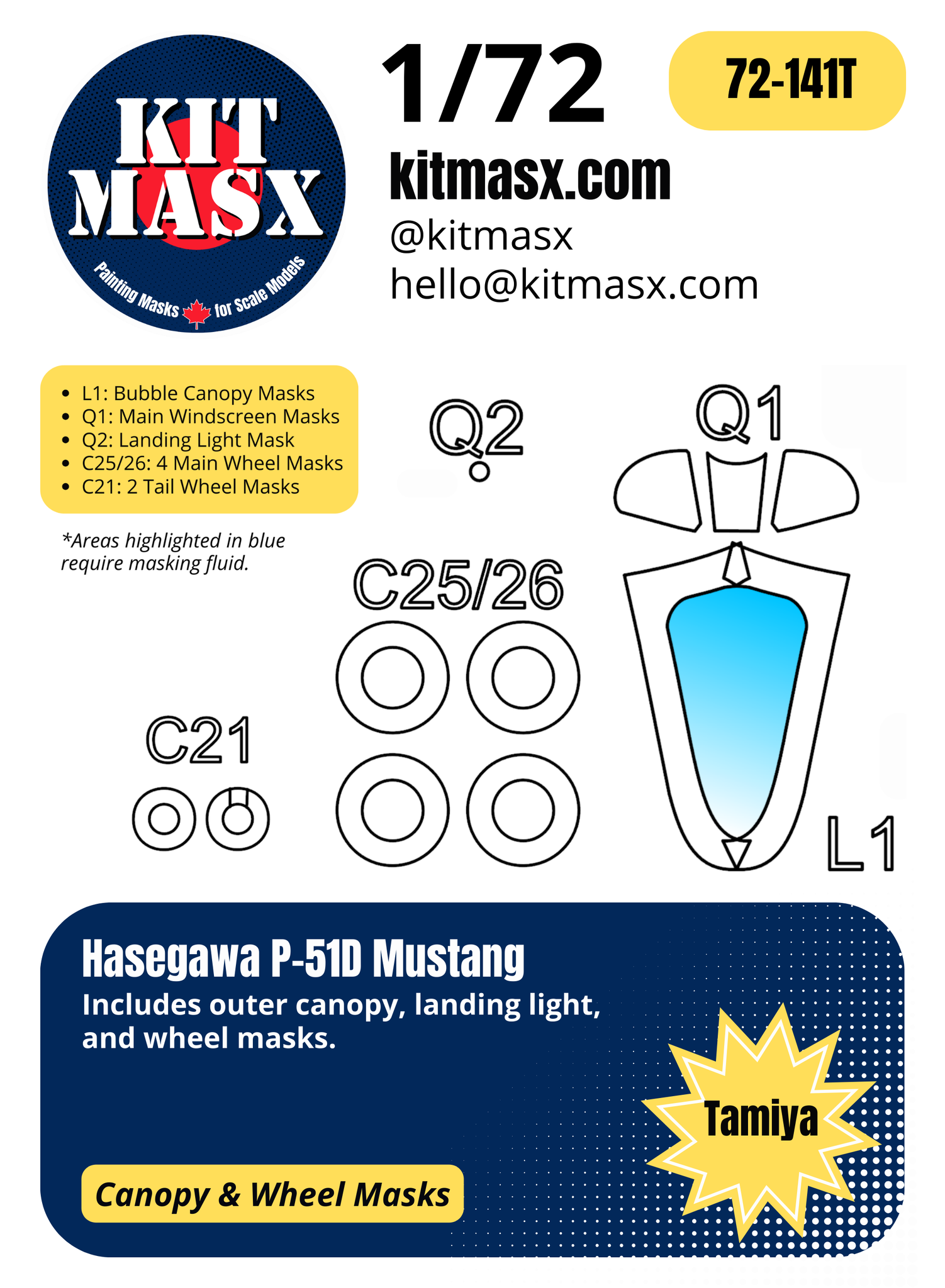 Hasegawa P-51D Mustang 1/72 Canopy & Wheel Paint Masks, Kit # 51320