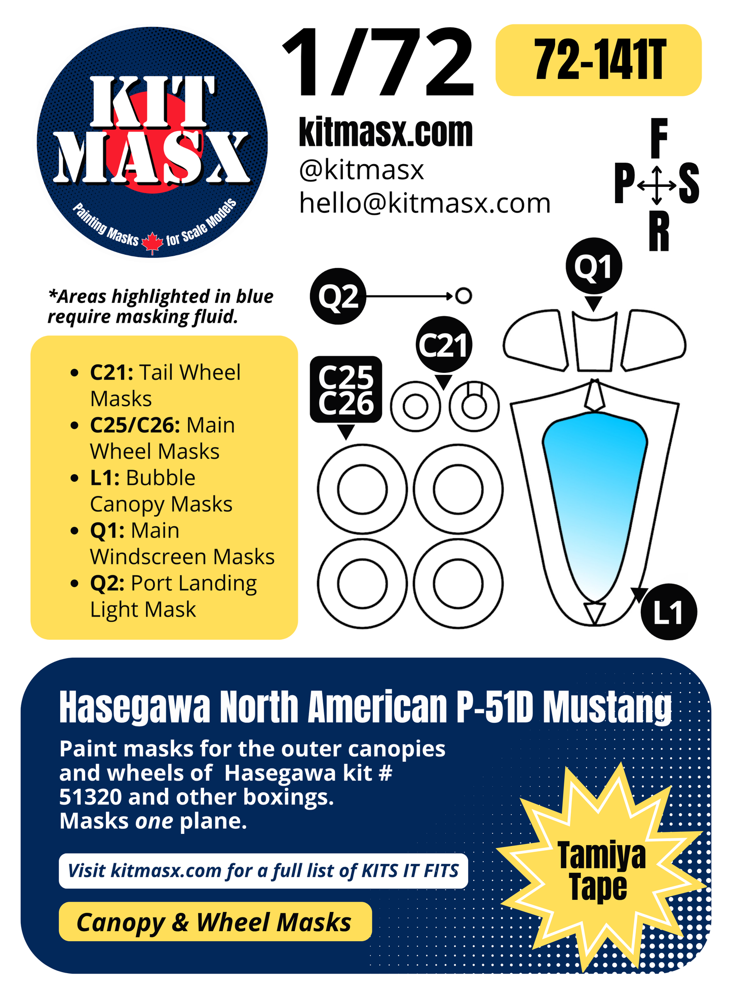 Hasegawa North American P-51D Mustang 1/72 Canopy & Wheel Paint Masks, Kit # 51320