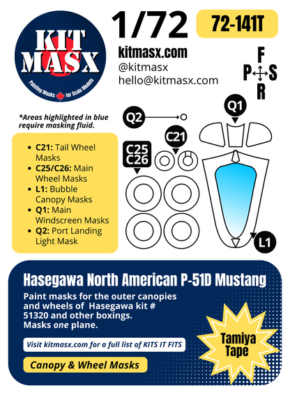 Hasegawa North American P-51D Mustang 1/72 Canopy & Wheel Paint Masks, Kit # 51320