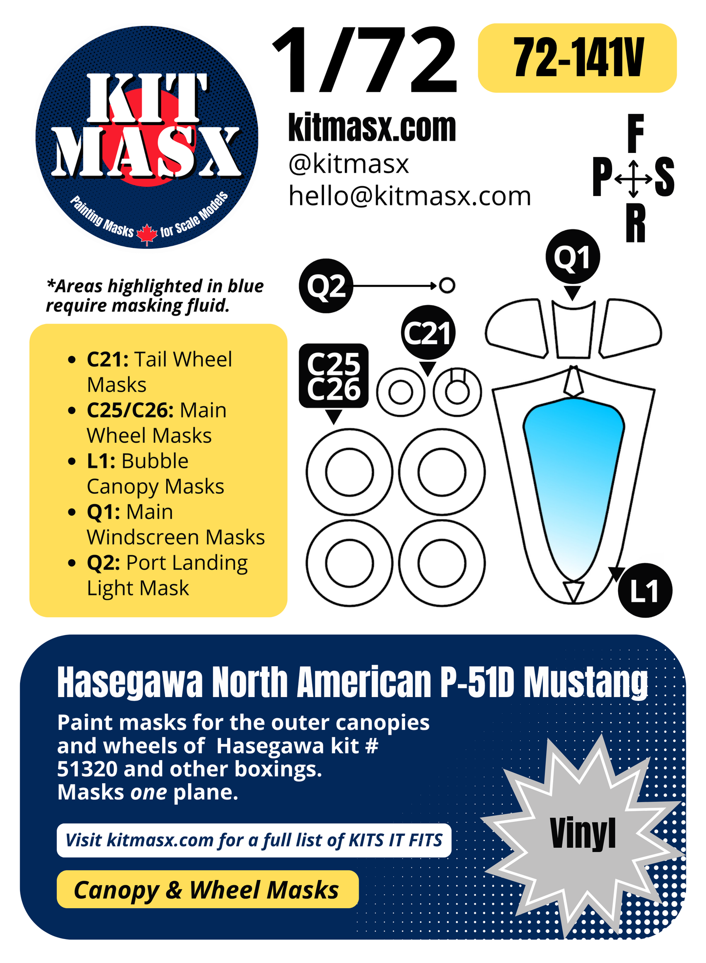 Hasegawa North American P-51D Mustang 1/72 Canopy & Wheel Paint Masks, Kit # 51320