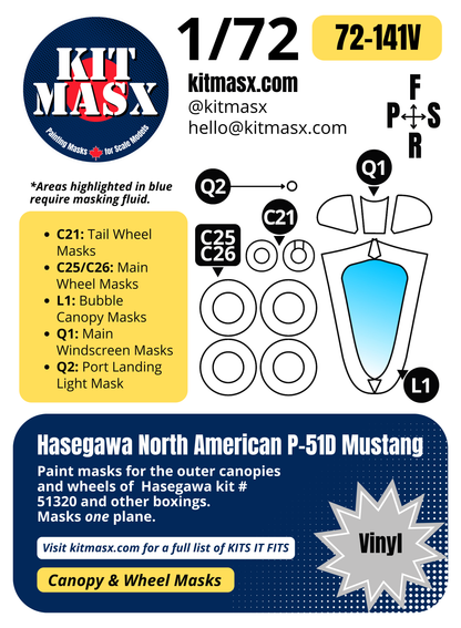 Hasegawa North American P-51D Mustang 1/72 Canopy & Wheel Paint Masks, Kit # 51320