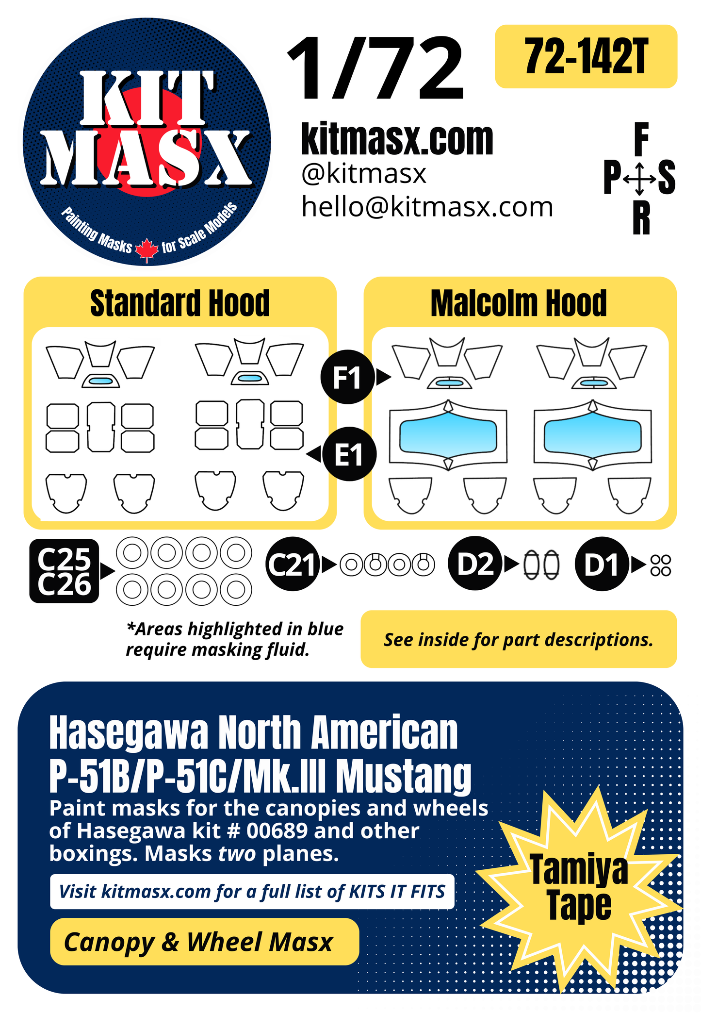 Hasegawa North American P-51B/P-51C/Mk.III Mustang 1/72 Canopy & Wheel Paint Masks, Kit # 00689
