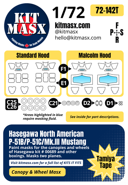 Hasegawa North American P-51B/P-51C/Mk.III Mustang 1/72 Canopy & Wheel Paint Masks, Kit # 00689