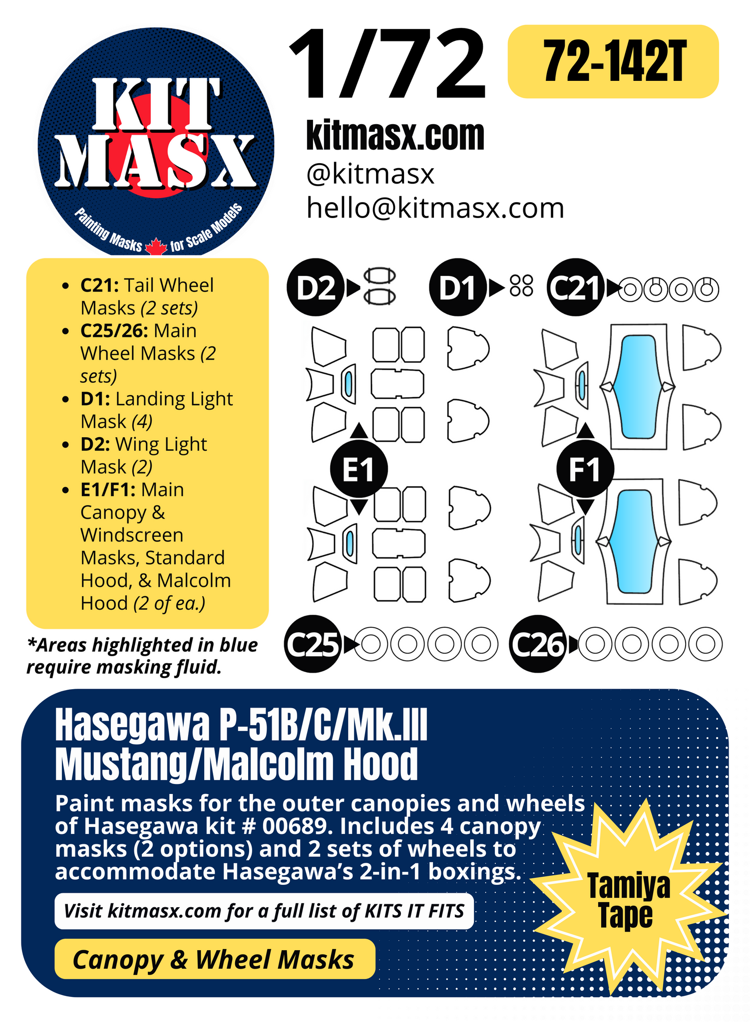 Hasegawa P-51B/C/Mk.III Mustang/Malcolm Hood 1/72 Canopy & Wheel Paint Masks, Kit # 00689