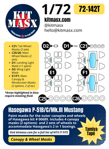 Hasegawa P-51B/C/Mk.III Mustang 1/72 Canopy & Wheel Paint Masks, Kit # 00689