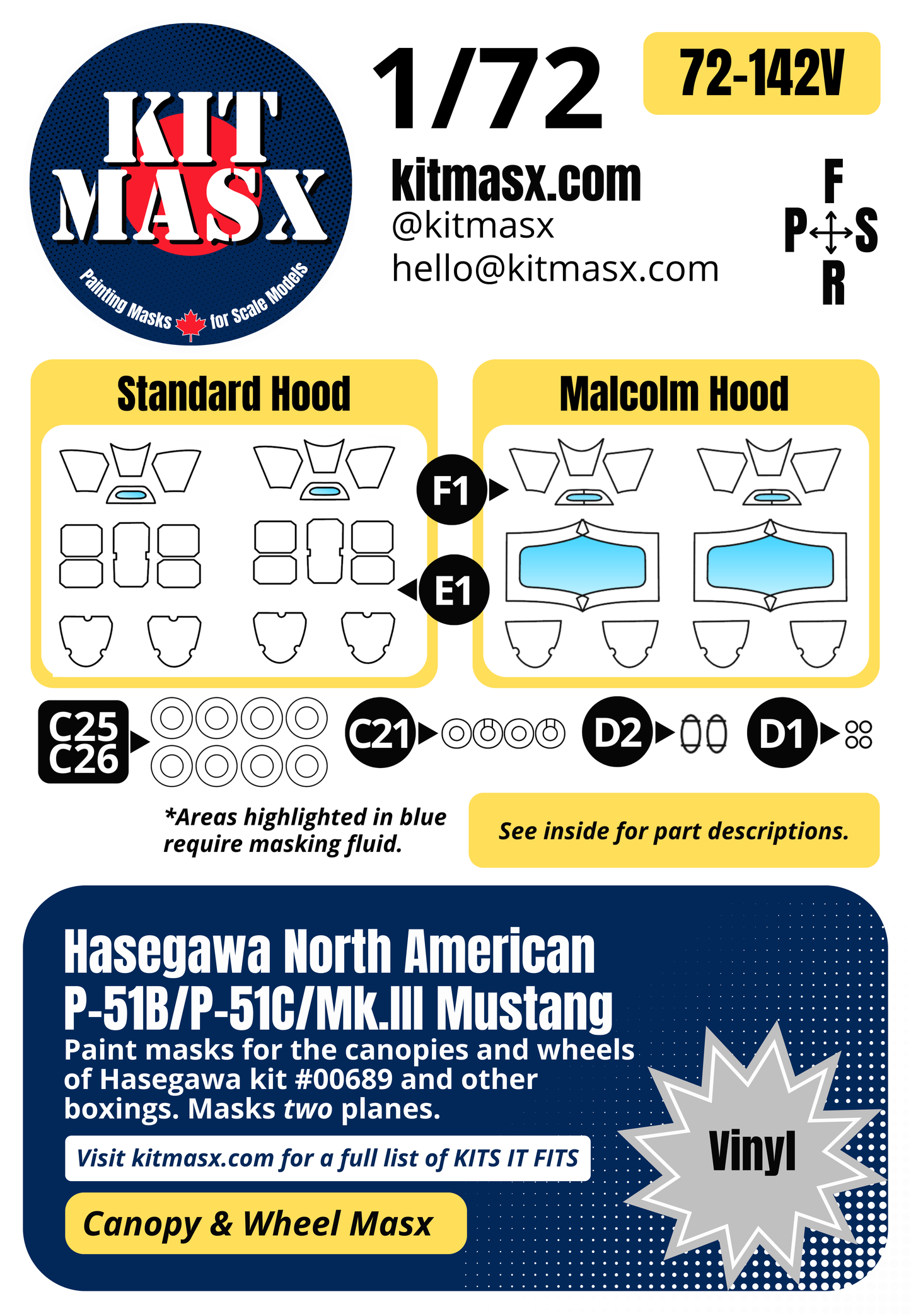 Hasegawa North American P-51B/P-51C/Mk.III Mustang 1/72 Canopy & Wheel Paint Masks, Kit # 00689