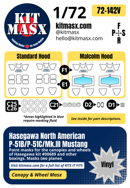 Hasegawa North American P-51B/P-51C/Mk.III Mustang 1/72 Canopy & Wheel Paint Masks, Kit # 00689