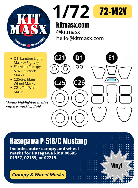 Hasegawa P-51B/C Mustang 1/72 Canopy & Wheel Paint Masks