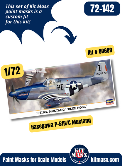 Hasegawa P-51B/C/Mk.III Mustang/Malcolm Hood 1/72 Canopy & Wheel Paint Masks, Kit # 00689