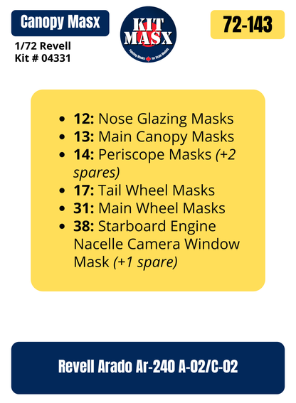 Revell Arado Ar-240 A-02/C-02 1/72 Canopy & Wheel Paint Masks, Kit # 04331