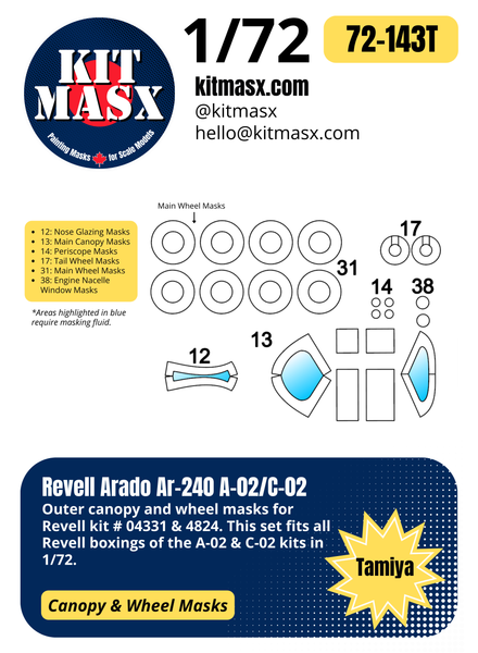 Revell Arado Ar-240 A-02/C-02 1/72 Canopy & Wheel Masks