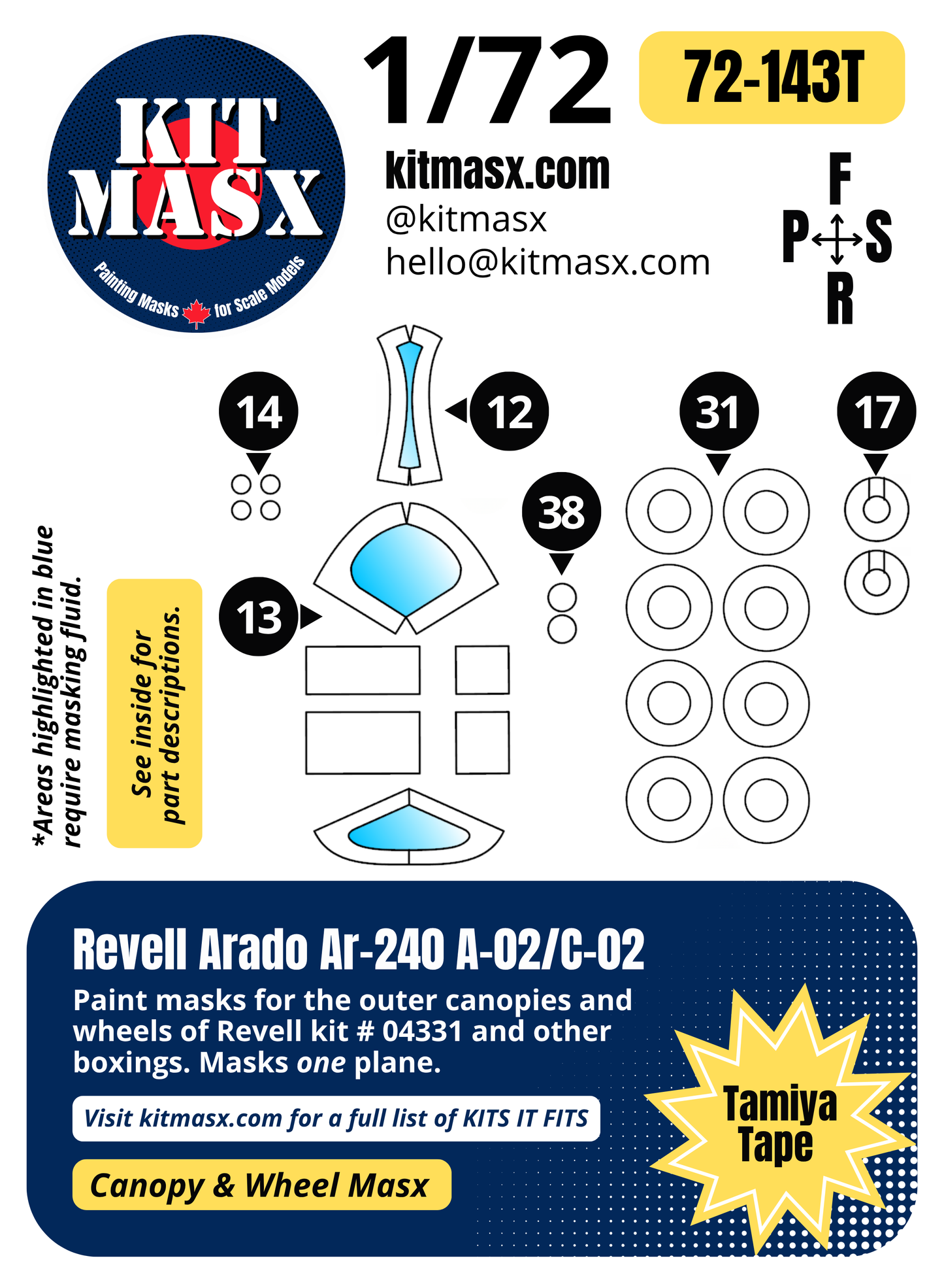 Revell Arado Ar-240 A-02/C-02 1/72 Canopy & Wheel Paint Masks, Kit # 04331