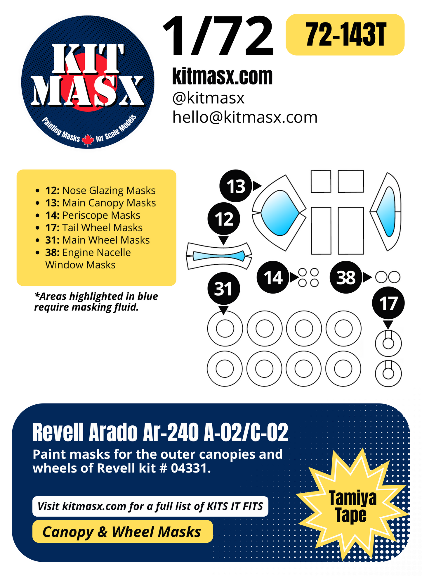 Revell Arado Ar-240 A-02/C-02 1/72 Canopy & Wheel Paint Masks, Kit # 04331