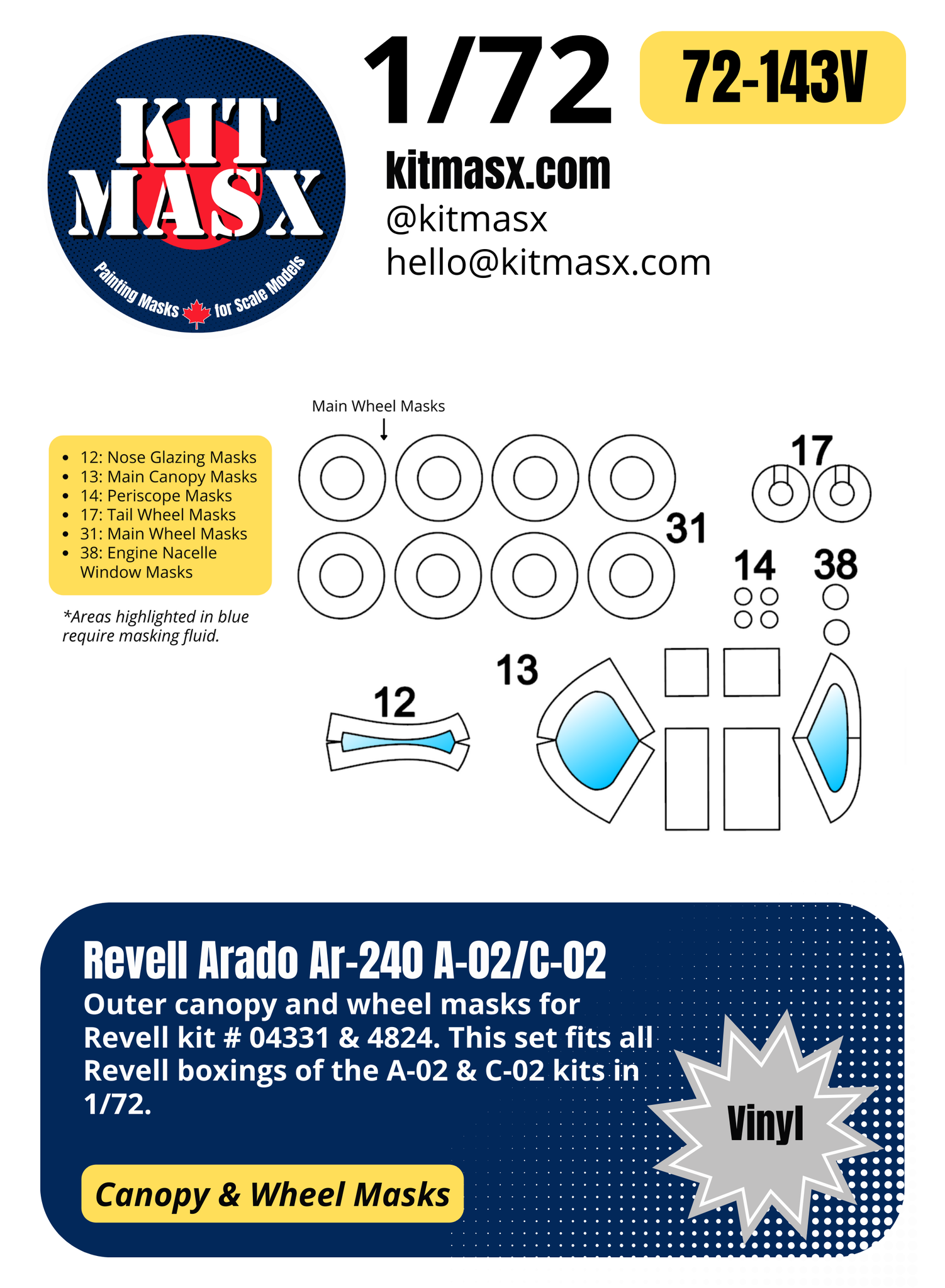 Revell Arado Ar-240 A-02/C-02 1/72 Canopy & Wheel Masks