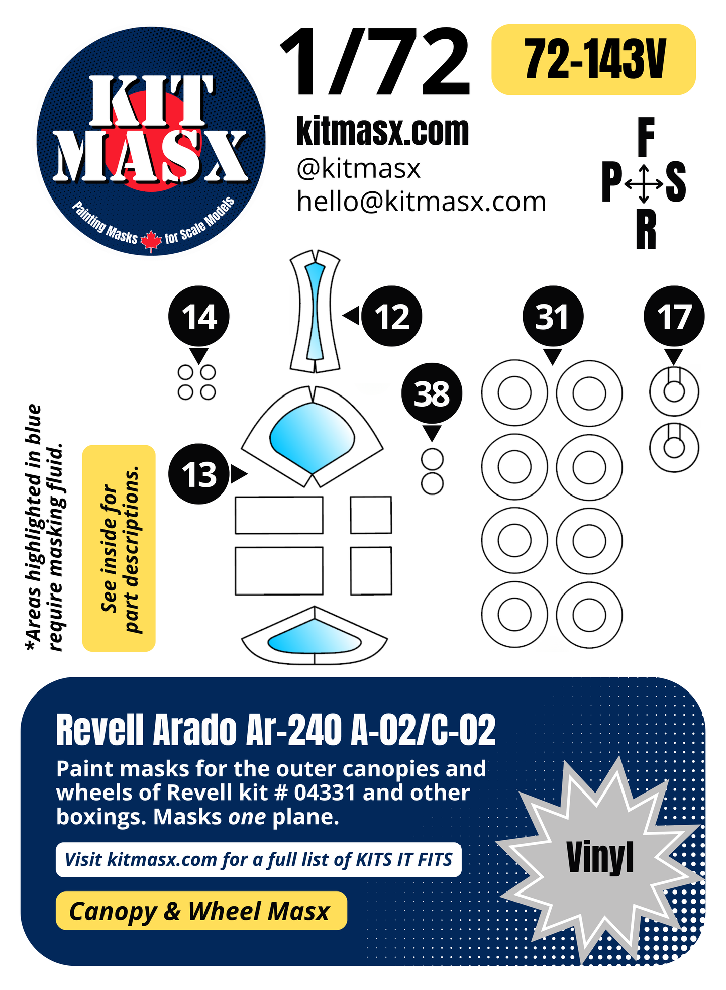 Revell Arado Ar-240 A-02/C-02 1/72 Canopy & Wheel Paint Masks, Kit # 04331