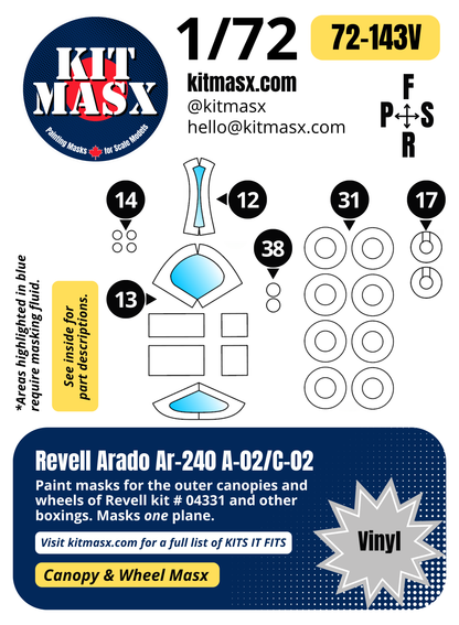 Revell Arado Ar-240 A-02/C-02 1/72 Canopy & Wheel Paint Masks, Kit # 04331
