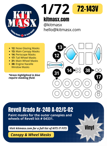 Revell Arado Ar-240 A-02/C-02 1/72 Canopy & Wheel Paint Masks, Kit # 04331