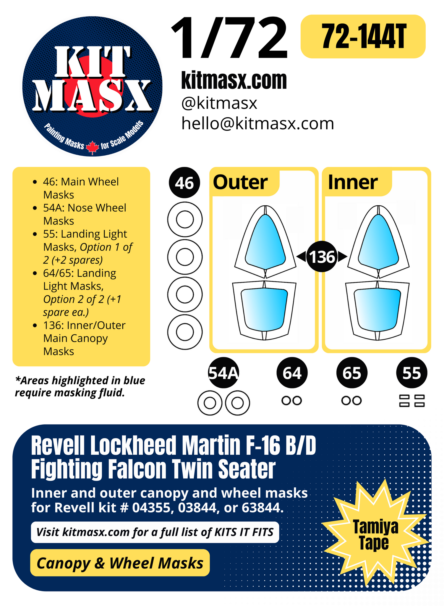 Revell Lockheed Martin F-16 B/D Fighting Falcon Twin Seater 1/72 Canopy & Wheel Paint Masks, Kit # 04355