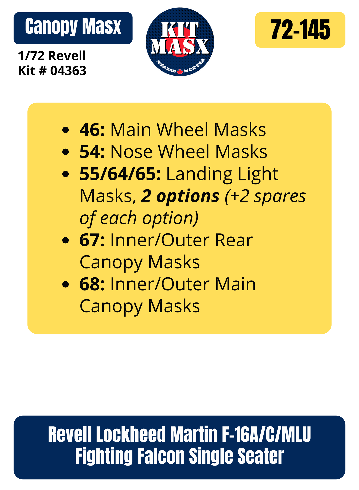 Revell Lockheed Martin F-16A/C/MLU Fighting Falcon Single Seater 1/72 Canopy & Wheel Paint Masks, Kit # 04363