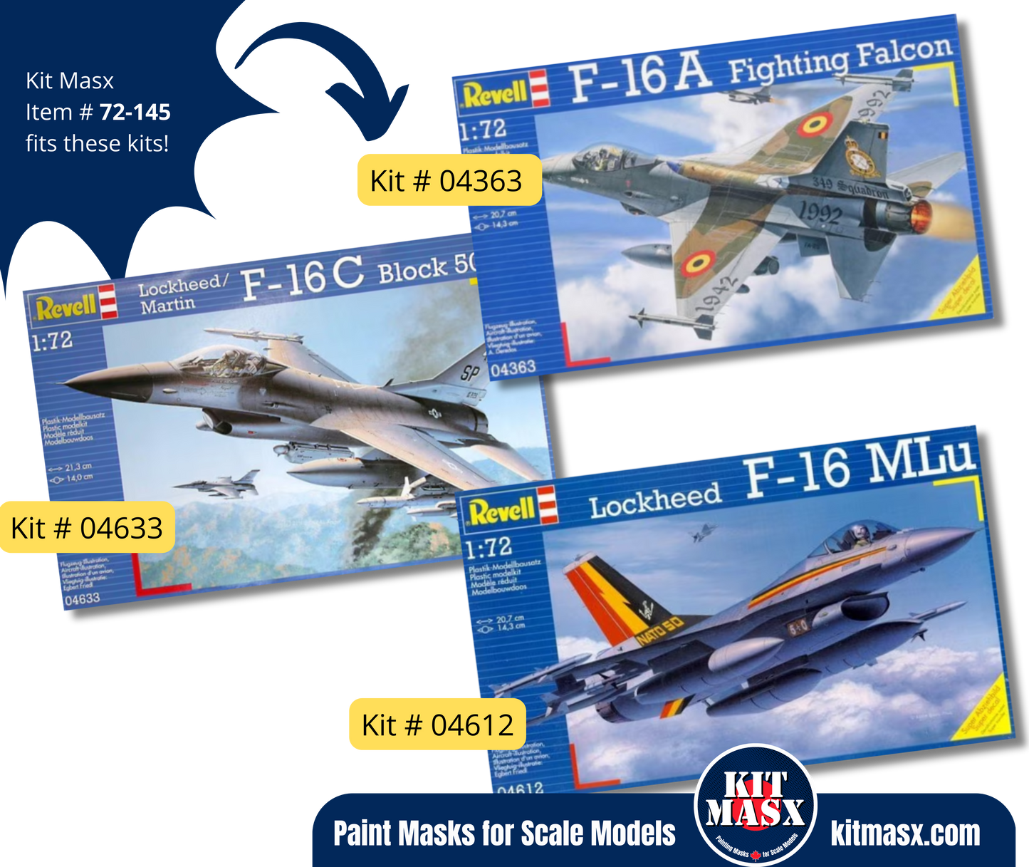 Revell Lockheed Martin F-16A/C/MLU Fighting Falcon Single Seater 1/72 Canopy & Wheel Paint Masks, Kit # 04363