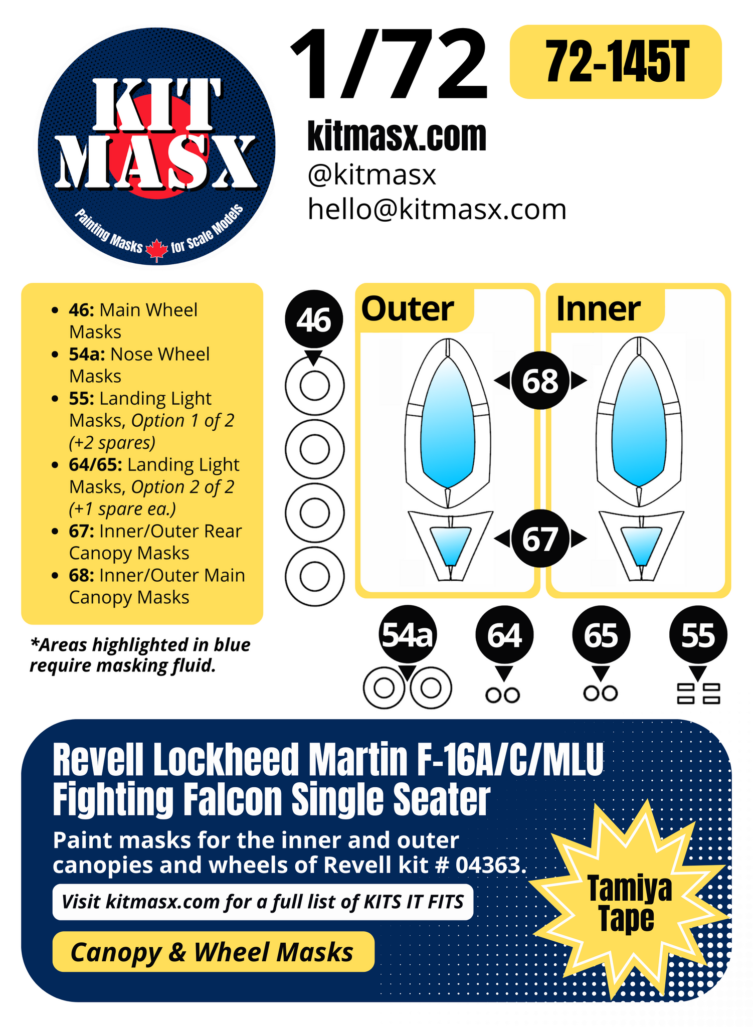 Revell Lockheed Martin F-16A/C/MLU Fighting Falcon Single Seater 1/72 Canopy & Wheel Paint Masks, Kit # 04363