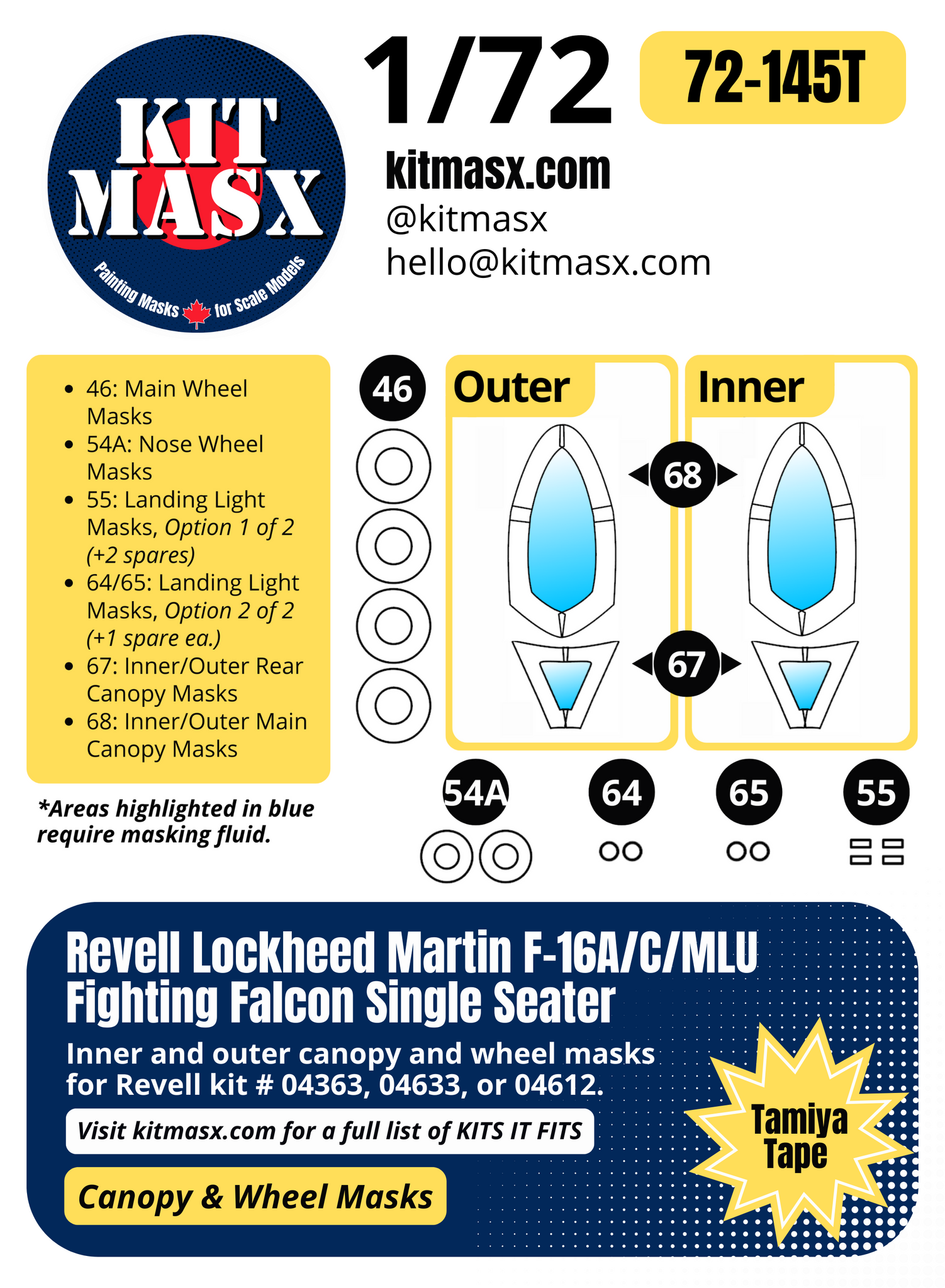 Revell Lockheed Martin F-16A/C/MLU Fighting Falcon Single Seater 1/72 Canopy & Wheel Paint Masks, Kit # 04363