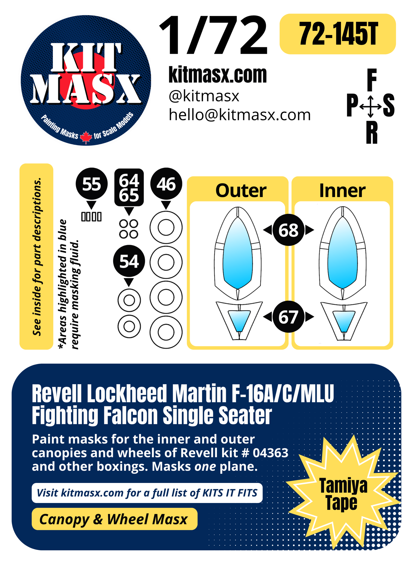 Revell Lockheed Martin F-16A/C/MLU Fighting Falcon Single Seater 1/72 Canopy & Wheel Paint Masks, Kit # 04363
