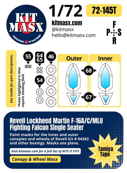 Revell Lockheed Martin F-16A/C/MLU Fighting Falcon Single Seater 1/72 Canopy & Wheel Paint Masks, Kit # 04363