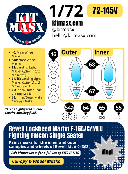 Revell Lockheed Martin F-16A/C/MLU Fighting Falcon Single Seater 1/72 Canopy & Wheel Paint Masks, Kit # 04363