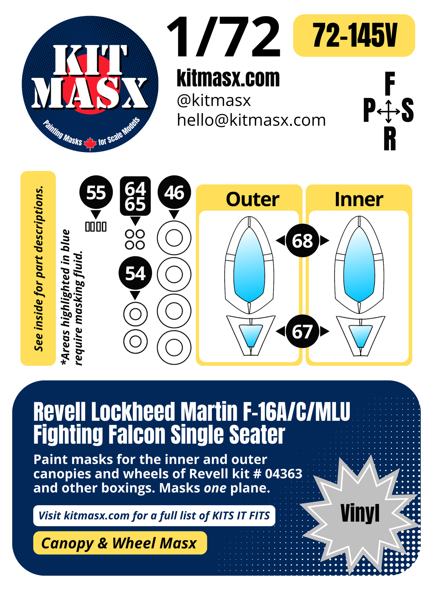 Revell Lockheed Martin F-16A/C/MLU Fighting Falcon Single Seater 1/72 Canopy & Wheel Paint Masks, Kit # 04363