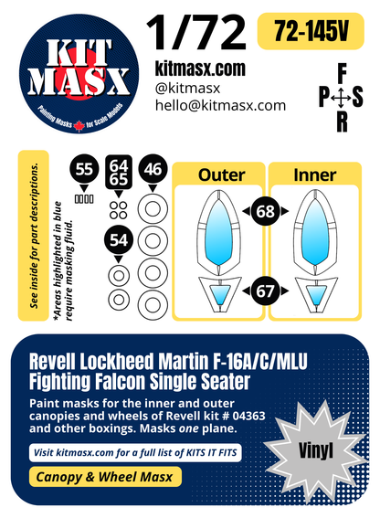 Revell Lockheed Martin F-16A/C/MLU Fighting Falcon Single Seater 1/72 Canopy & Wheel Paint Masks, Kit # 04363