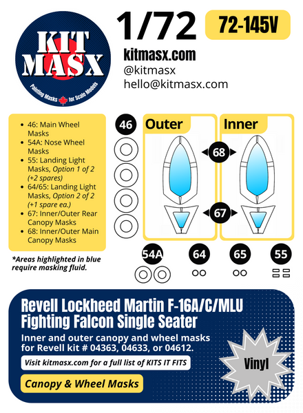 Revell Lockheed Martin F-16A/C/MLU Fighting Falcon Single Seater 1/72 Canopy & Wheel Paint Masks