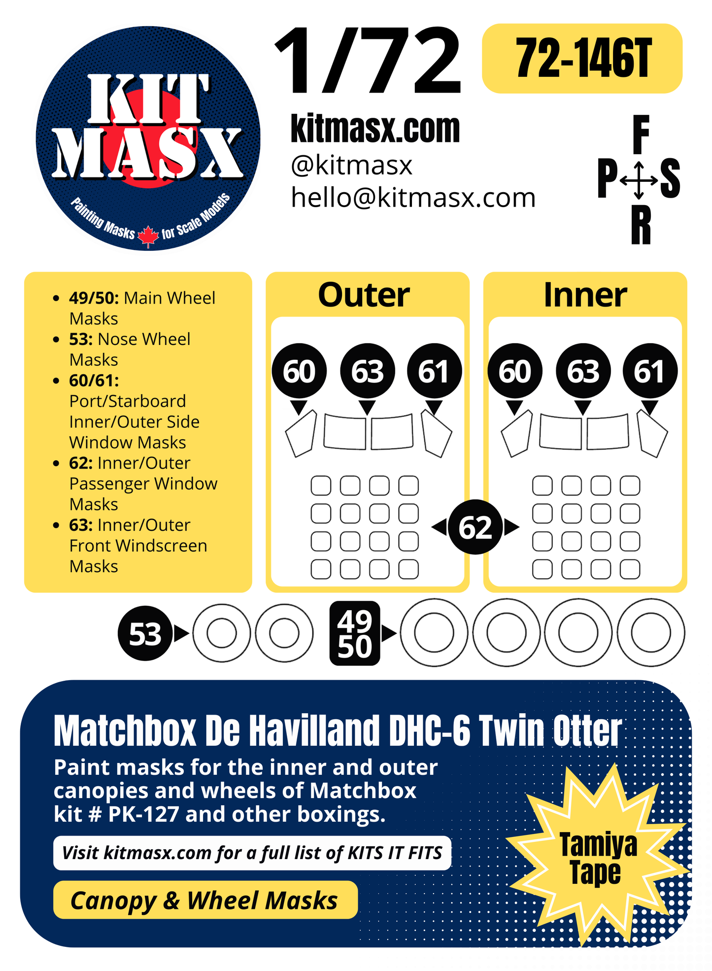 Matchbox De Havilland DHC-6 Twin Otter 1/72 Canopy & Wheel Paint Masks, Kit # PK-127