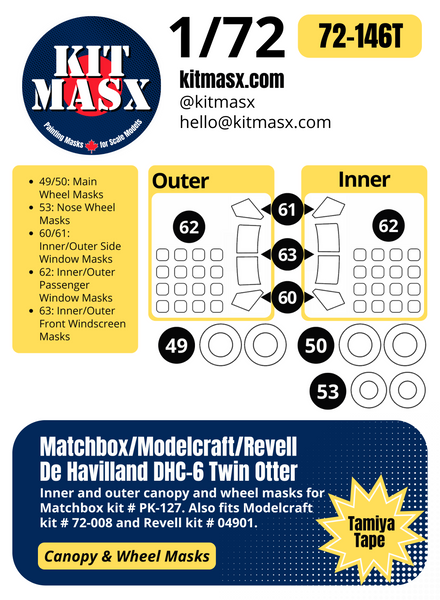 Matchbox/Modelcraft/Revell De Havilland DHC-6 Twin Otter 1/72 Canopy & Wheel Paint Masks