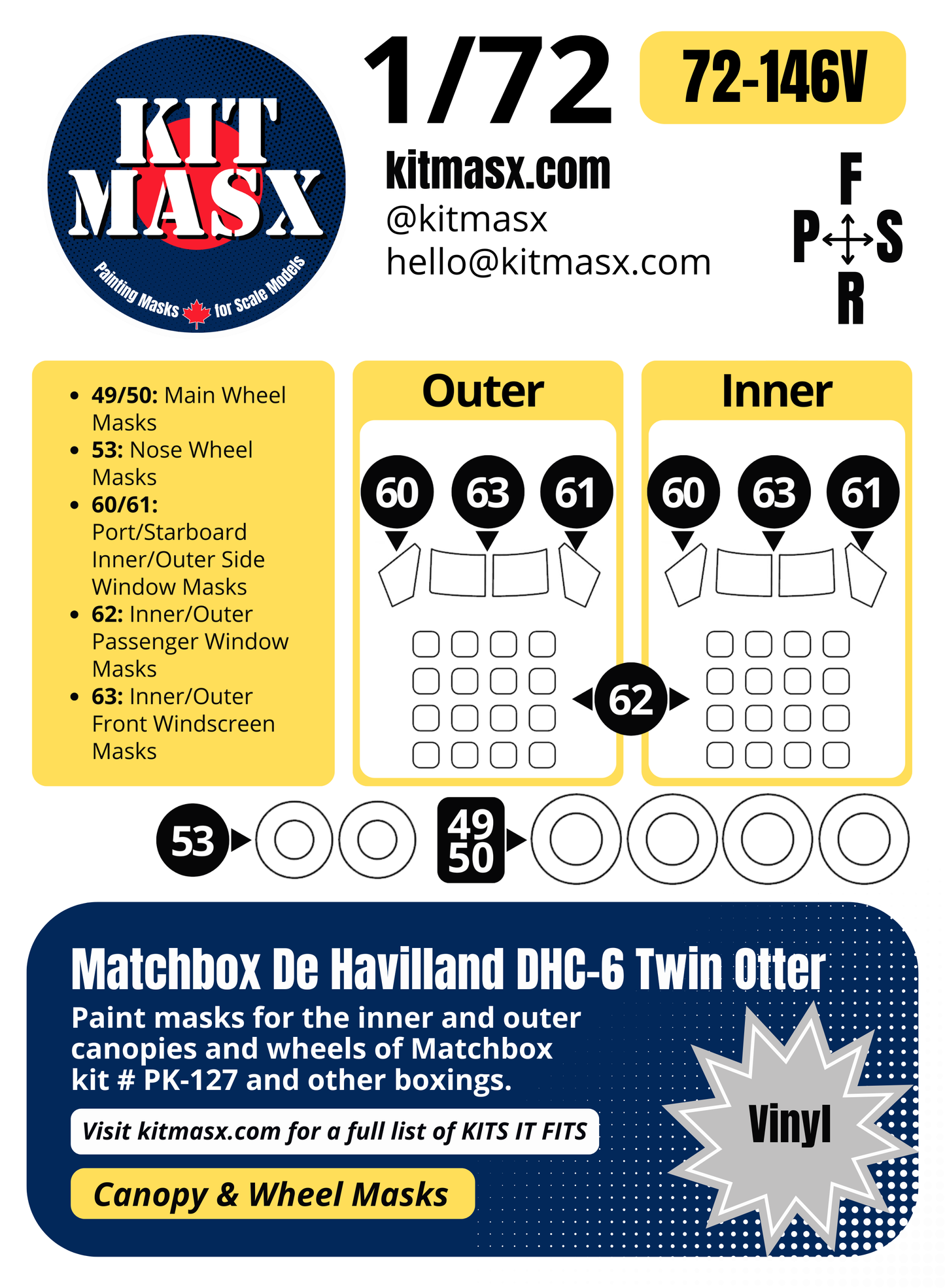 Matchbox De Havilland DHC-6 Twin Otter 1/72 Canopy & Wheel Paint Masks, Kit # PK-127