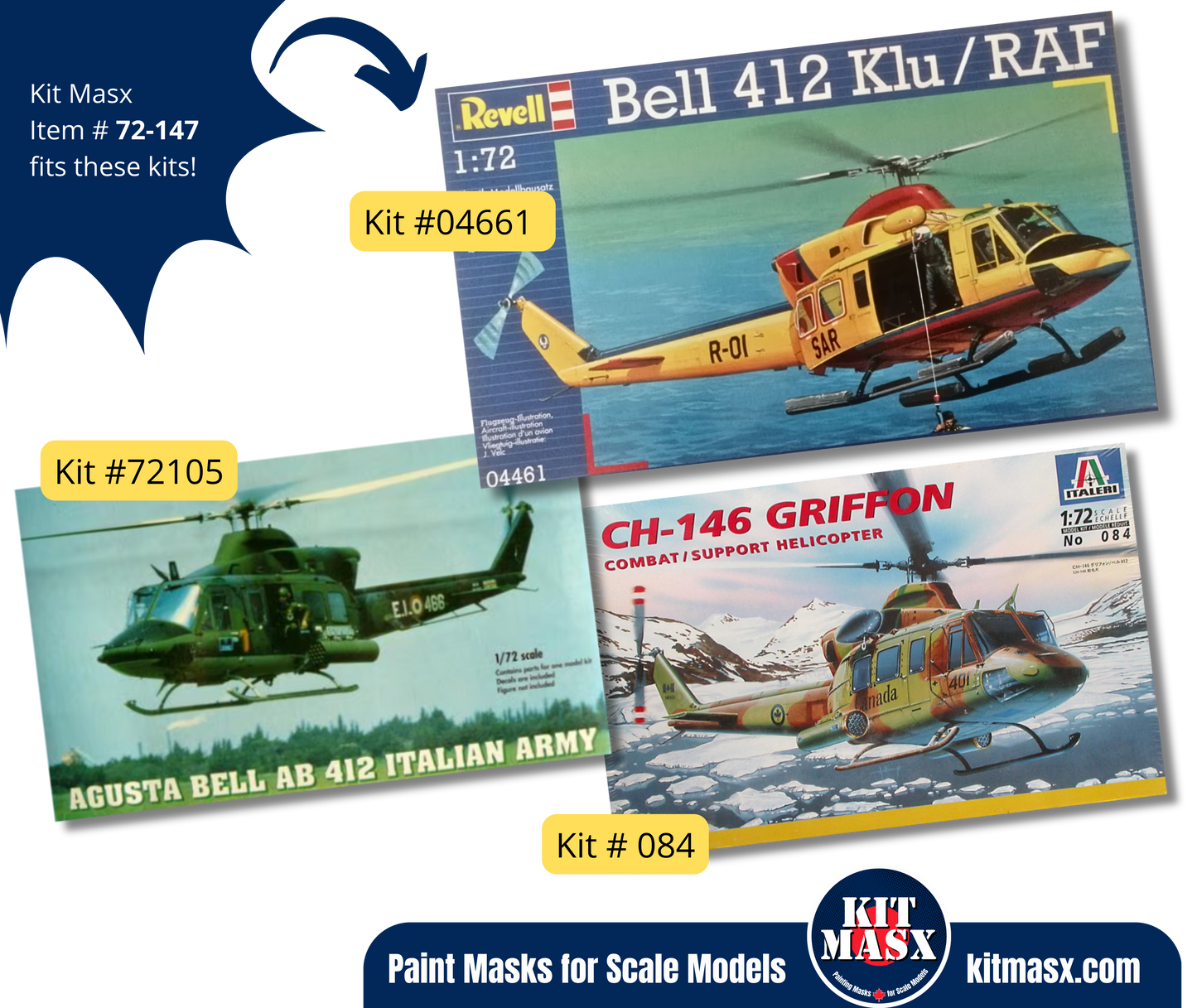 Italeri CH-146 Griffon, Agusta Bell AB 412, Bell 412 Klu/RAF 1/72 Canopy Paint Masks, Kit # 084