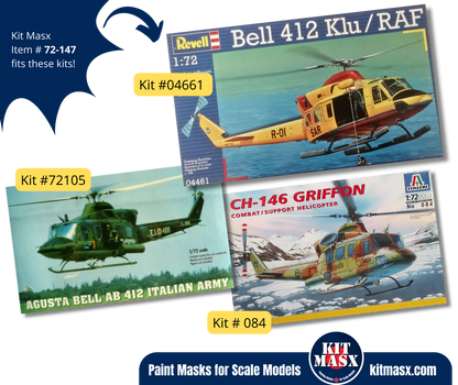Italeri CH-146 Griffon, Agusta Bell AB 412, Bell 412 Klu/RAF 1/72 Canopy Paint Masks, Kit # 084