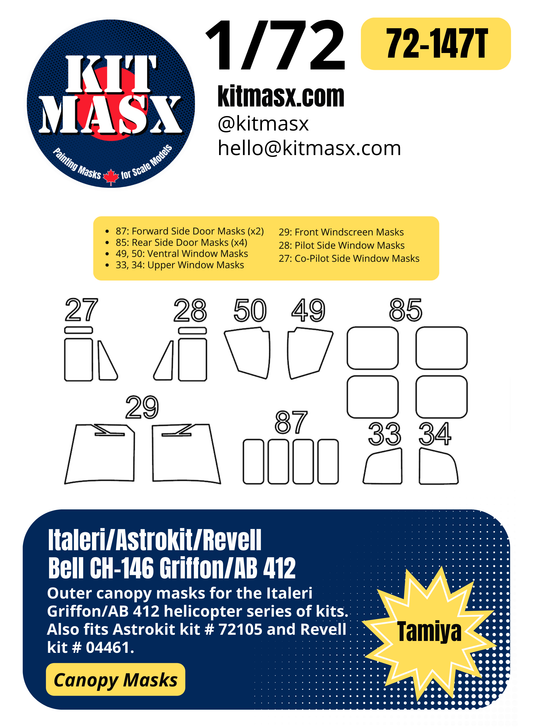 Italeri CH-146 Griffon, Agusta Bell AB 412, Bell 412 Klu/RAF 1/72 Canopy Paint Masks, Kit # 084