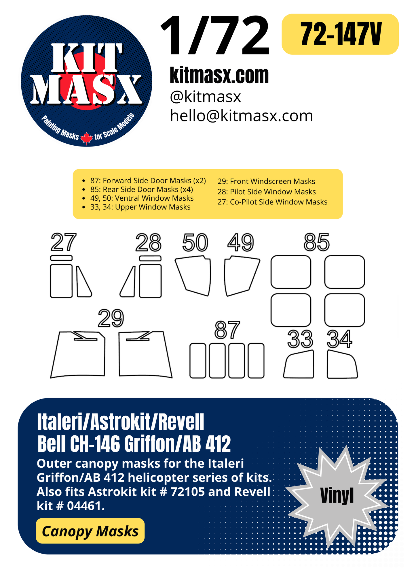 Italeri CH-146 Griffon, Agusta Bell AB 412, Bell 412 Klu/RAF 1/72 Canopy Paint Masks, Kit # 084