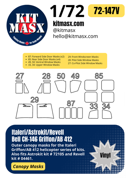 Italeri CH-146 Griffon, Agusta Bell AB 412, Bell 412 Klu/RAF 1/72 Canopy Paint Masks, Kit # 084