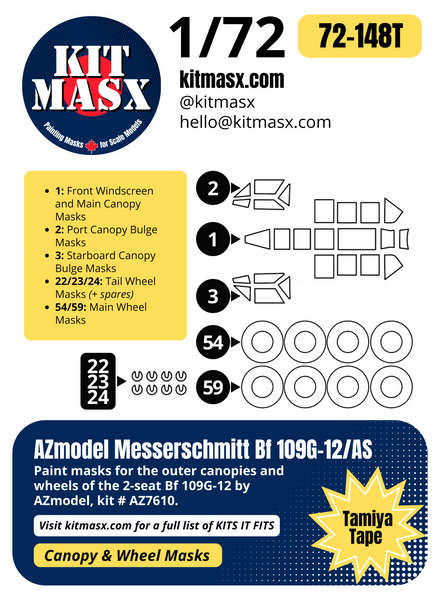 AZmodel Messerschmitt Bf 109G-12/AS 1/72 Canopy & Wheel Paint Masks, Kit AZ7610