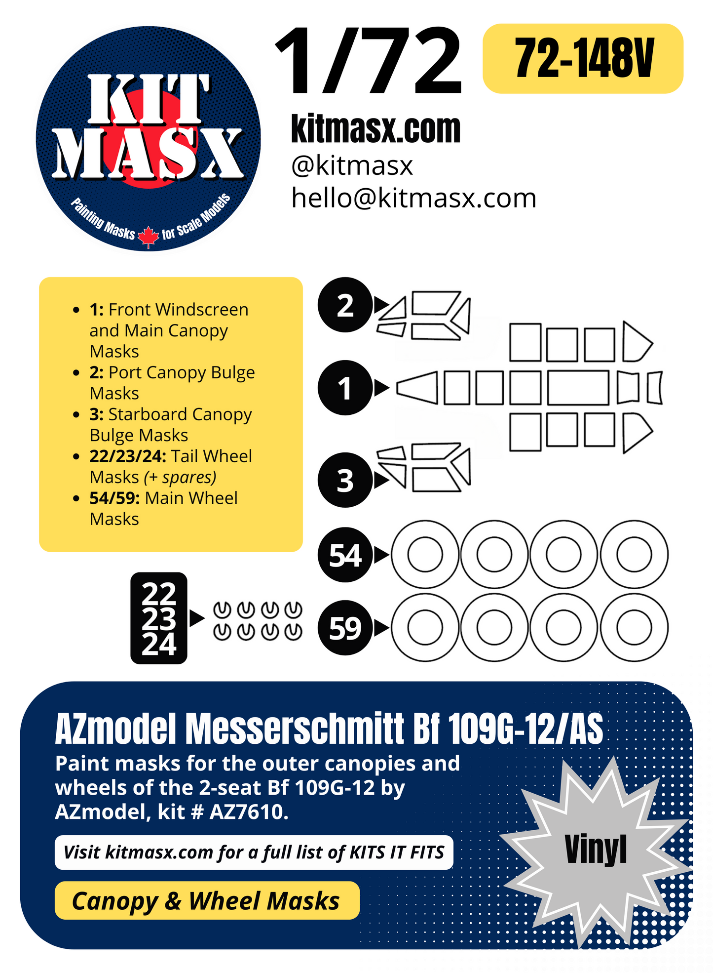 AZmodel Messerschmitt Bf 109G-12/AS 1/72 Canopy & Wheel Paint Masks, Kit AZ7610