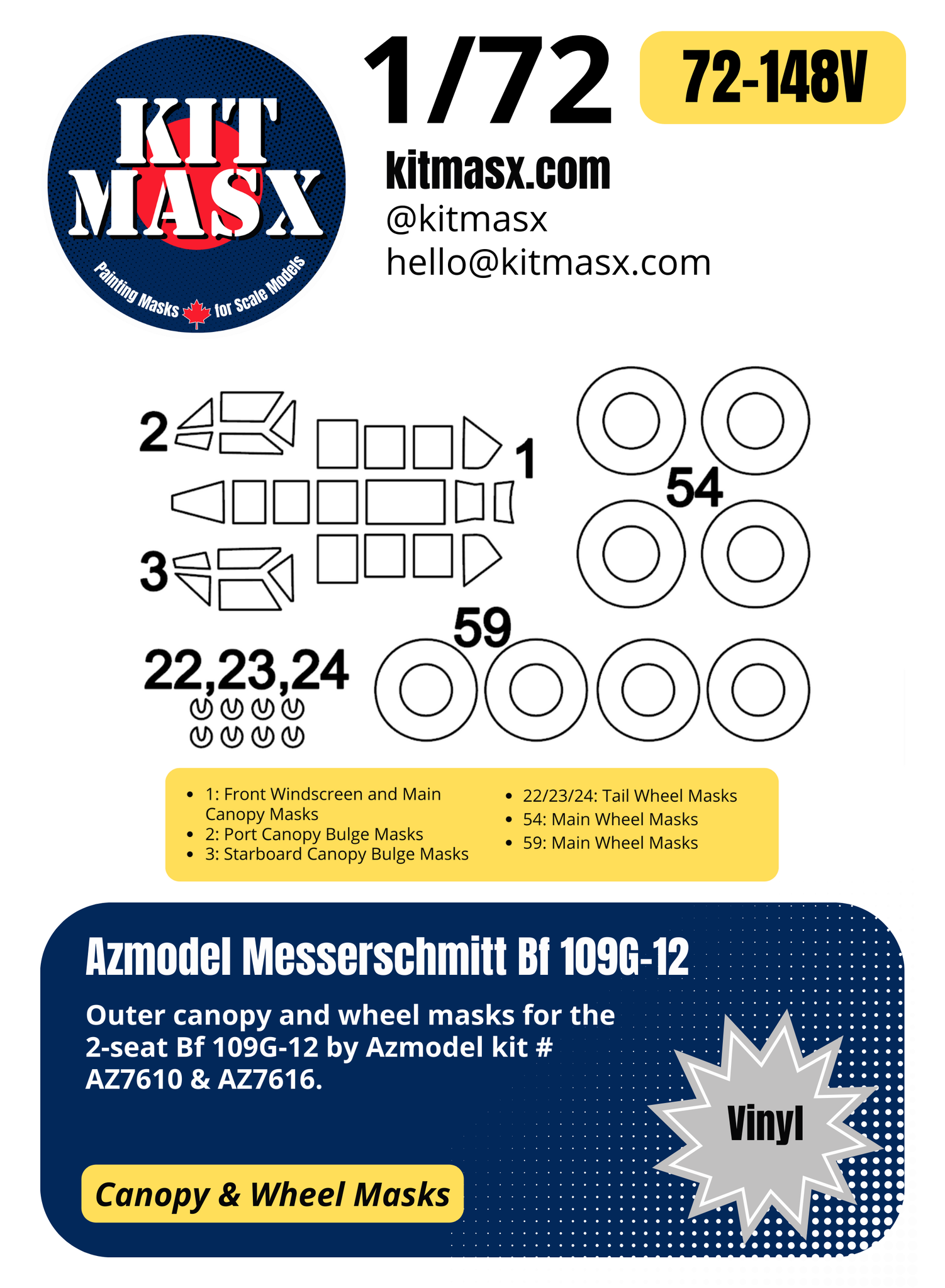 Azmodel Messerschmitt Bf 109G-12 1/72 Canopy & Wheel Masks