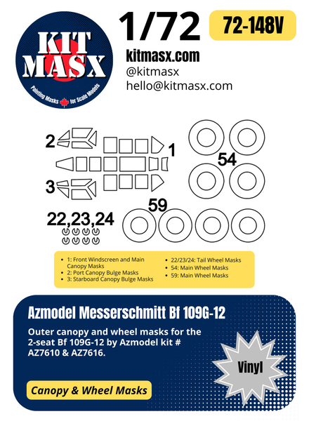 Azmodel Messerschmitt Bf 109G-12 1/72 Canopy & Wheel Masks