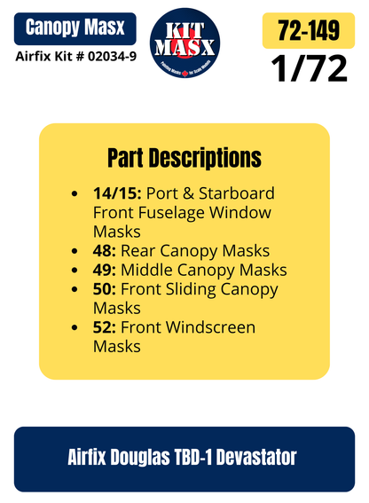 Airfix Douglas TBD-1 Devastator 1/72 Canopy Paint Masks, Kit # 02034-9 (72149)