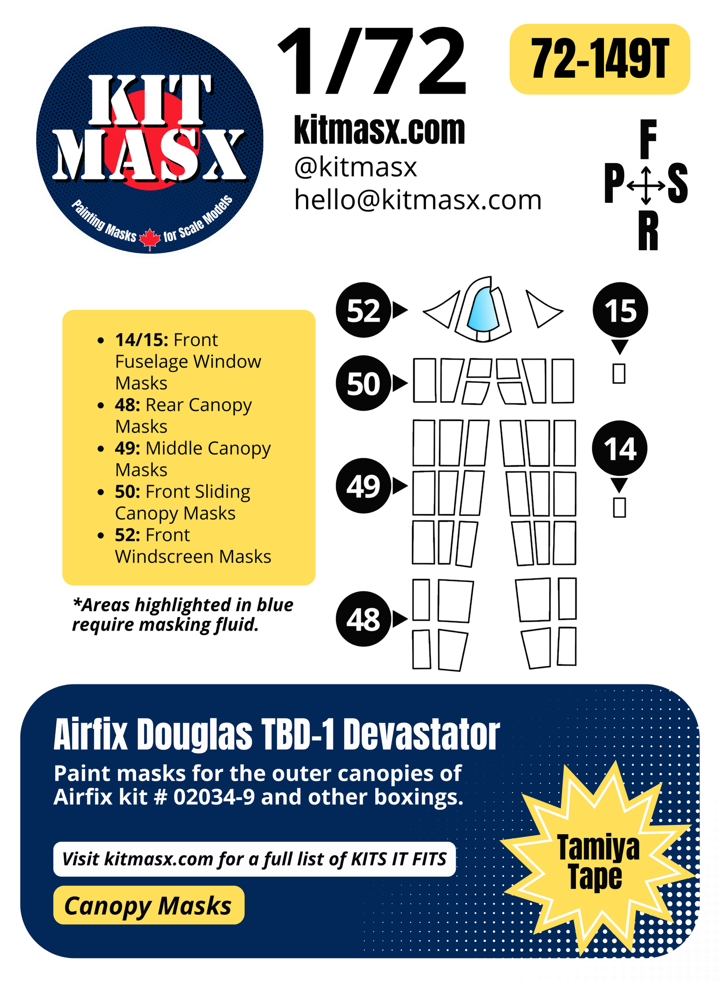 Airfix Douglas TBD-1 Devastator 1/72 Canopy Paint Masks, Kit # 02034-9