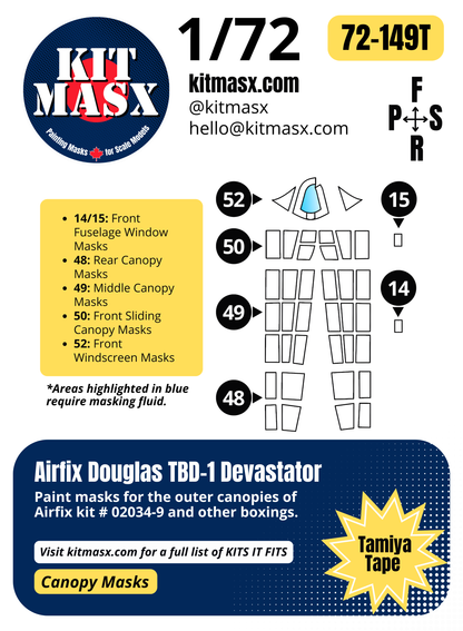 Airfix Douglas TBD-1 Devastator 1/72 Canopy Paint Masks, Kit # 02034-9