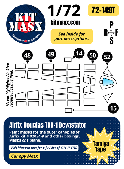 Airfix Douglas TBD-1 Devastator 1/72 Canopy Paint Masks, Kit # 02034-9 (72149)