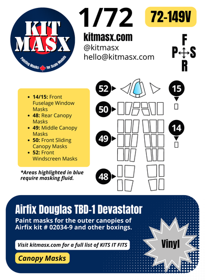 Airfix Douglas TBD-1 Devastator 1/72 Canopy Paint Masks, Kit # 02034-9