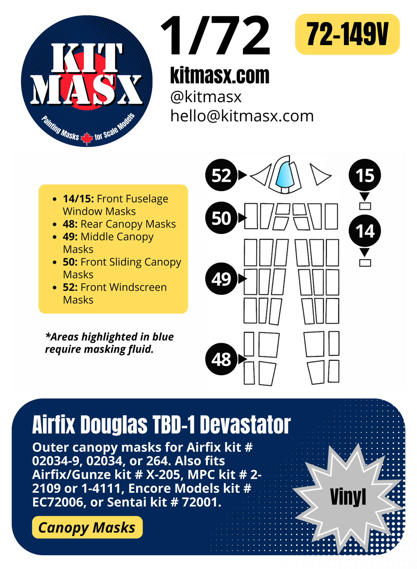 Airfix Douglas TBD-1 Devastator 1/72 Canopy Paint Masks, Kit # 02034-9